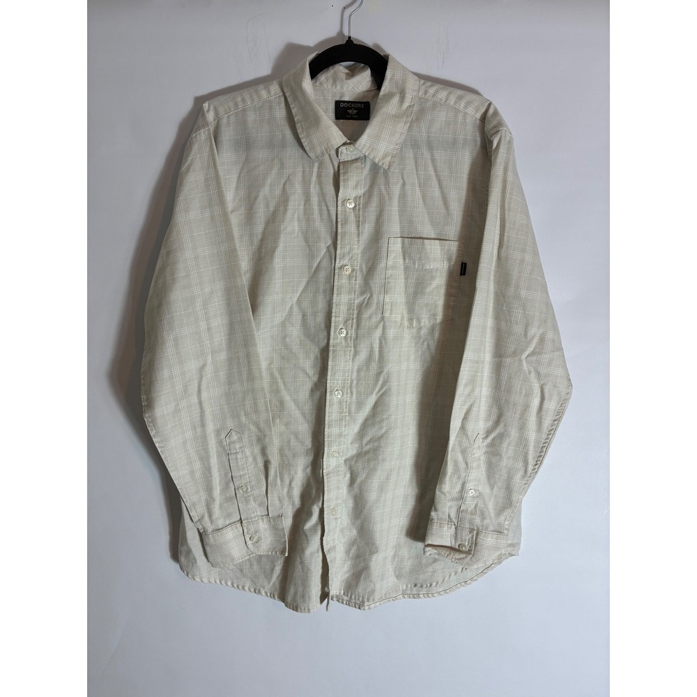 Dockers Mens Large Tan White Plaid Button Down Shirt Preppy Minimalist